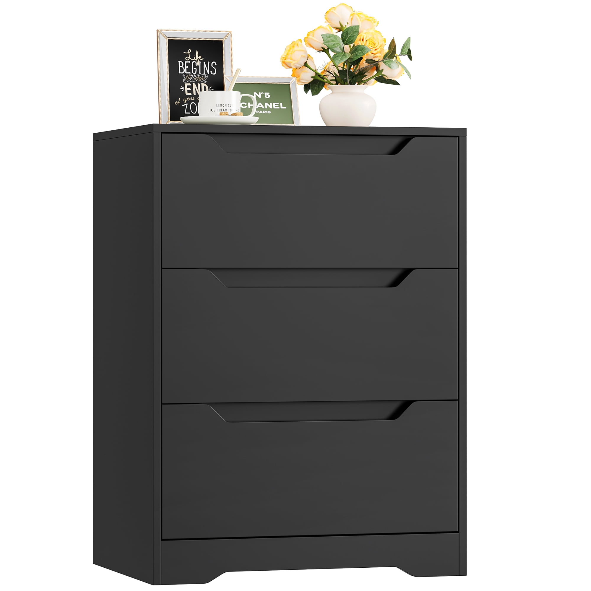 Homfa 3 Drawer Dresser, 23.6”W Nightstand, Wood Chest of Drawer with Cutout Handles for Bedroom Living Room，Black