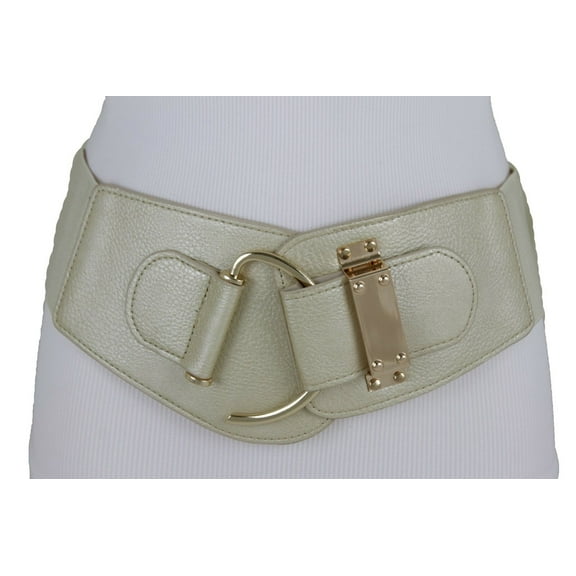 New Women Light Gold Champagne Color Elastic Waistband Belt Metal Hook Buckle S M