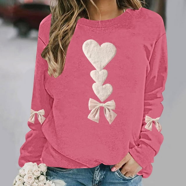 ICHUANYI Chandail à Col Rond pour Femmes de la Saint-Valentin avec Graphique de Cœur Imprimé, Col Rond, Décontracté, Ample, Chandail à Capuchon, Blouse à Manches Longues, Hauts