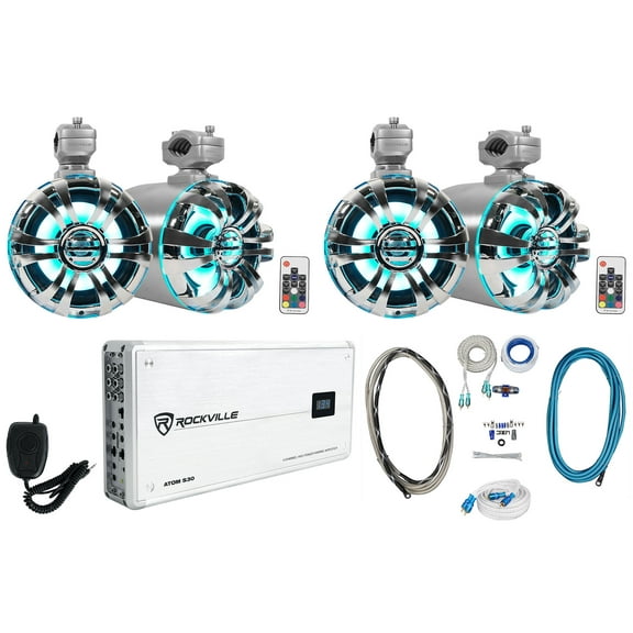 4 Rockville WB65KLED 6.5" 600w Metal Marine Wakeboard LED Tower Speakers Amp Mic