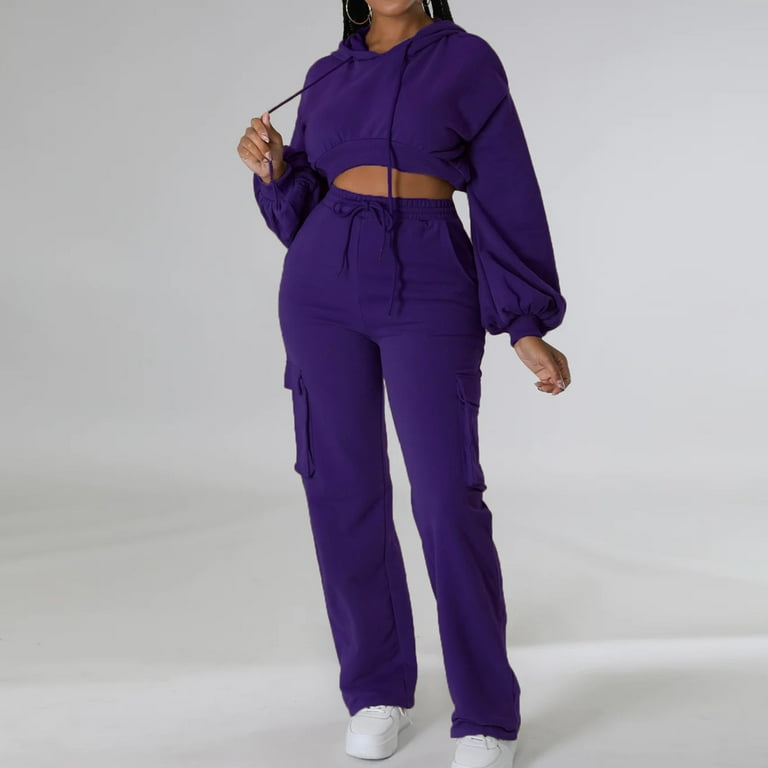 Women s Fall Fashion 2 Piece Outfits Tracksuit Set Long Sleeve Crop Hoodies with High Waist Jogger Pants Sweatsuit Sets Walmart
