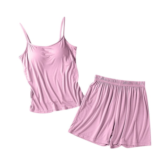 MeetoTime Pajamas for Women Set Summer Solid Color Spaghetti Strap Camisole with Chest Pad Shorts Homewear