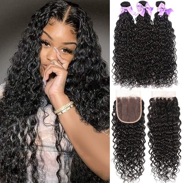 Brazilian Water Wave Bundles with Closure Human Hair Bundles with 4×4 Free  Part Closure 100% Virgin Remy Curly Hair Bundles 