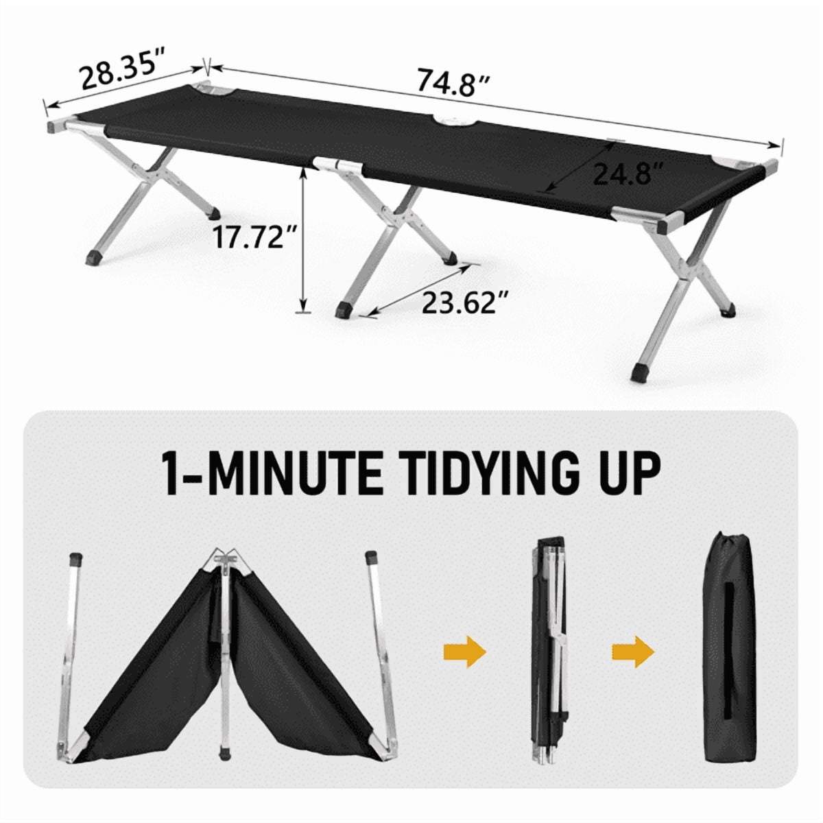 Alvantor Single Folding Camping Cot for Adults, 74 x 28 x 18 in, Aluminum Frame, Oxford Fabric, Carry Bag, Black