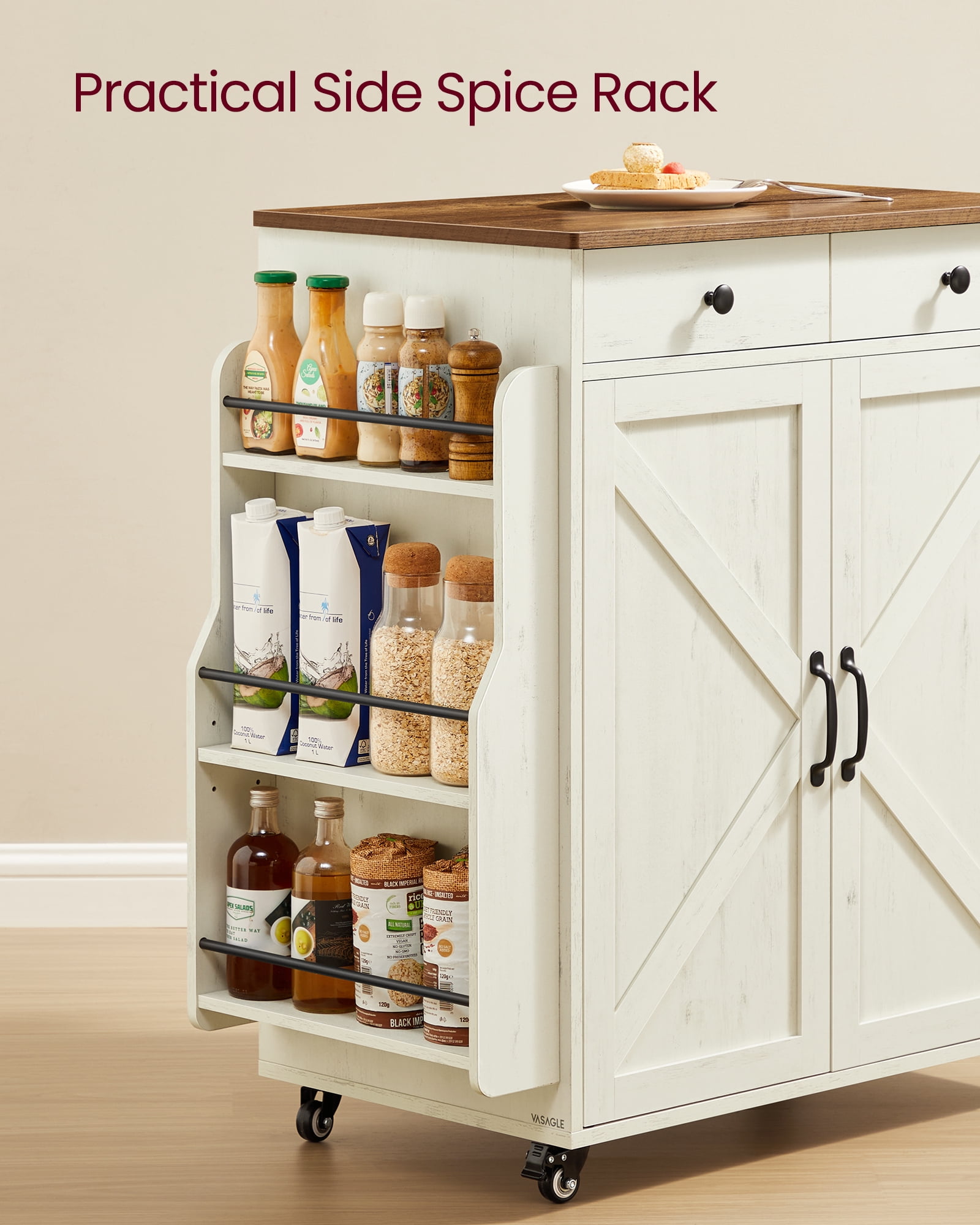 VASAGLE Mobile Kitchen Island,Portable Island with Spice Rack,Mobile Cart with Storage Cabinet,17.7 x 36.5 x 36 Inches,Rustic White and Honey Brown