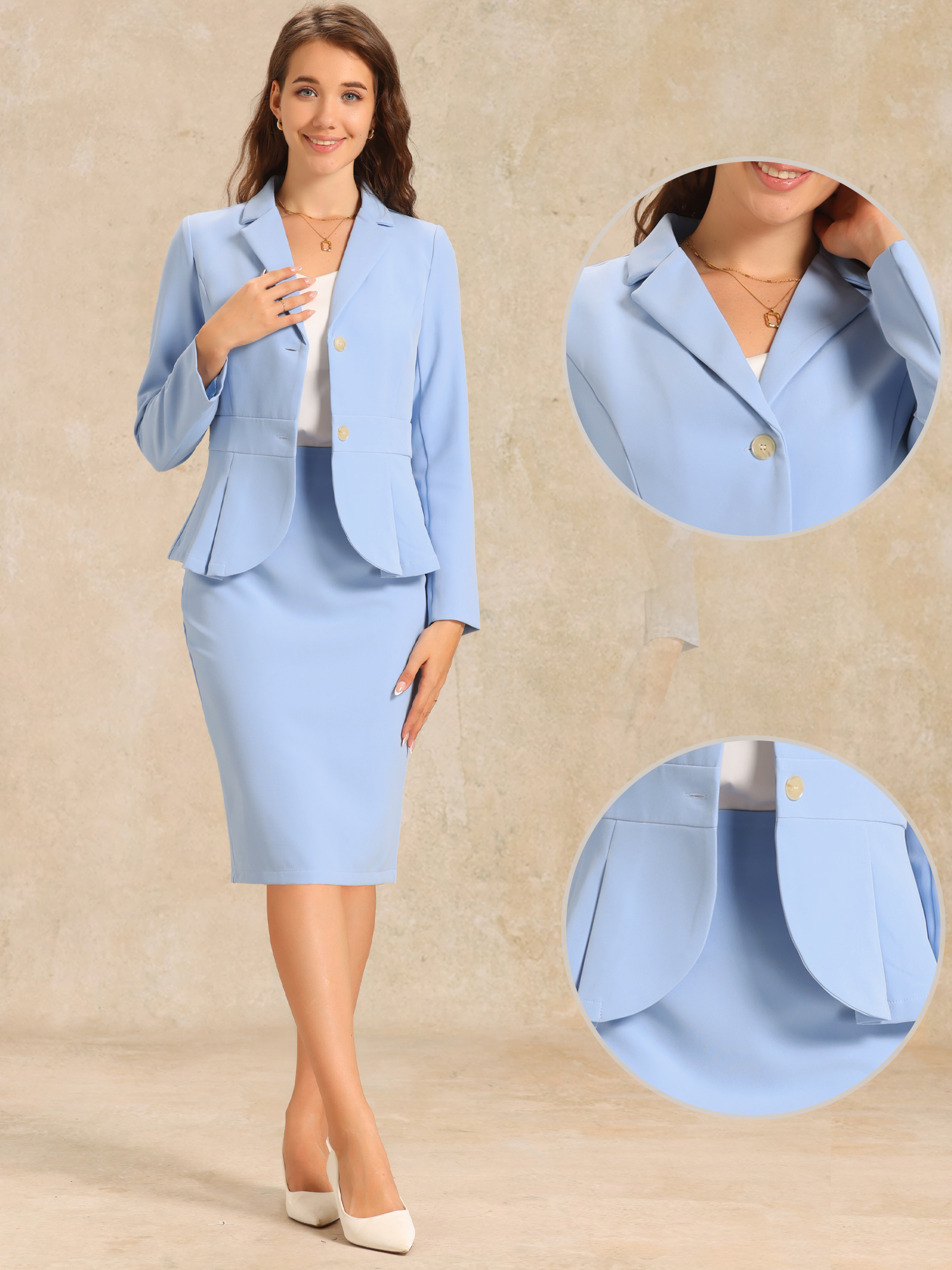 DARING DIVA Women's Peplum Blazer Pencil Skirt 2 Pcs Suit Set XS Light Blue