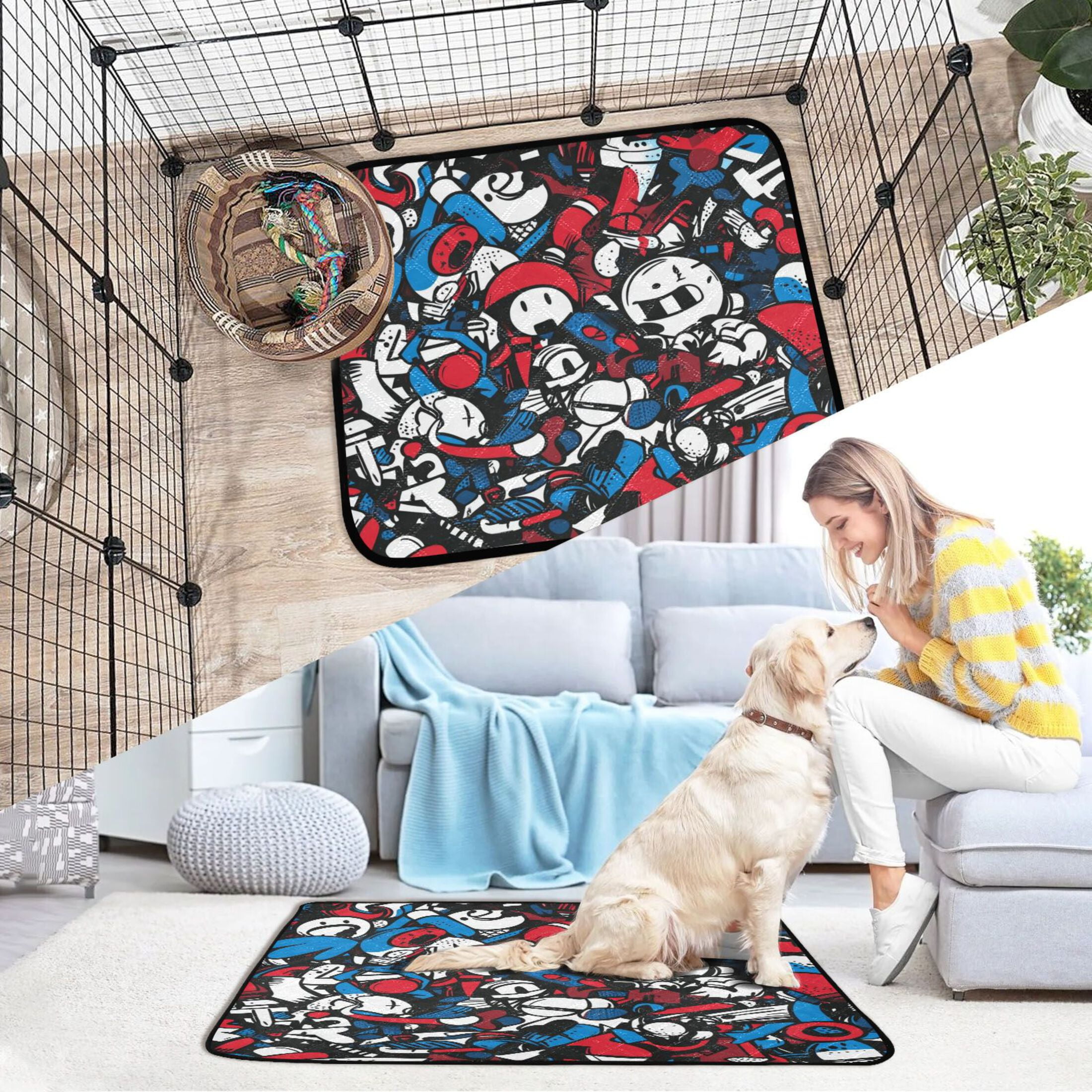 Qxltty Red Blue Graffiti Pattern Cat litter Pads Pet Set of 2 Diaper Mats Center Anti-leakage Layer Absorbent Soft and Comfortable
