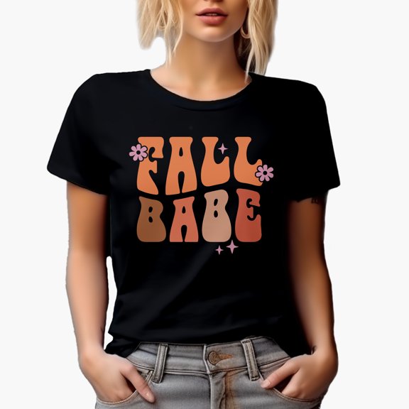 Fall Babe, Groovy Wavy Text Art, Autumn Merch Gift, Black T-Shirt, Small