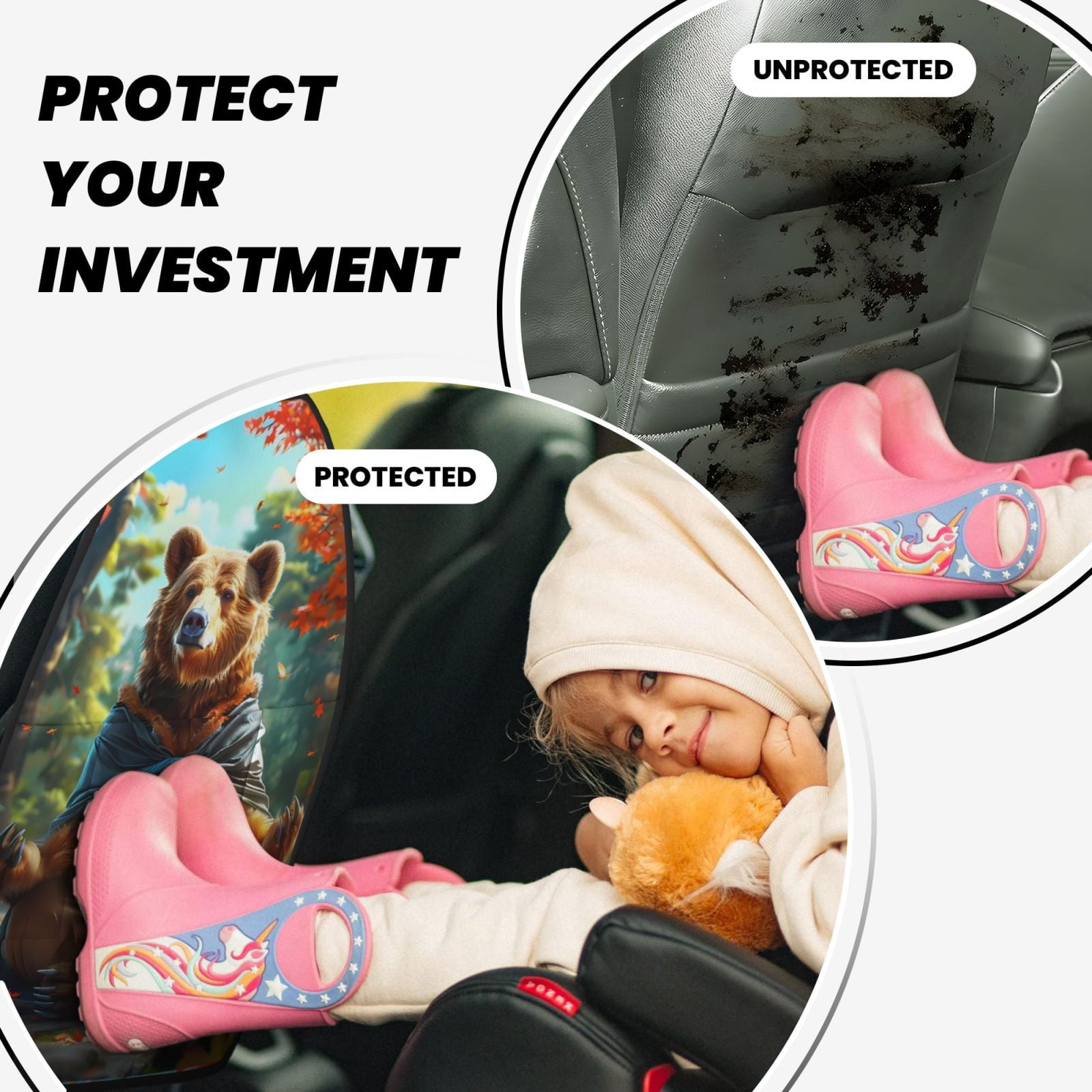 Xecao Maple Meditating Bear Pattern Car Seat Back Protector 2 Pack Large Capacity Pocket, Kick Mats Back Seat Protector
