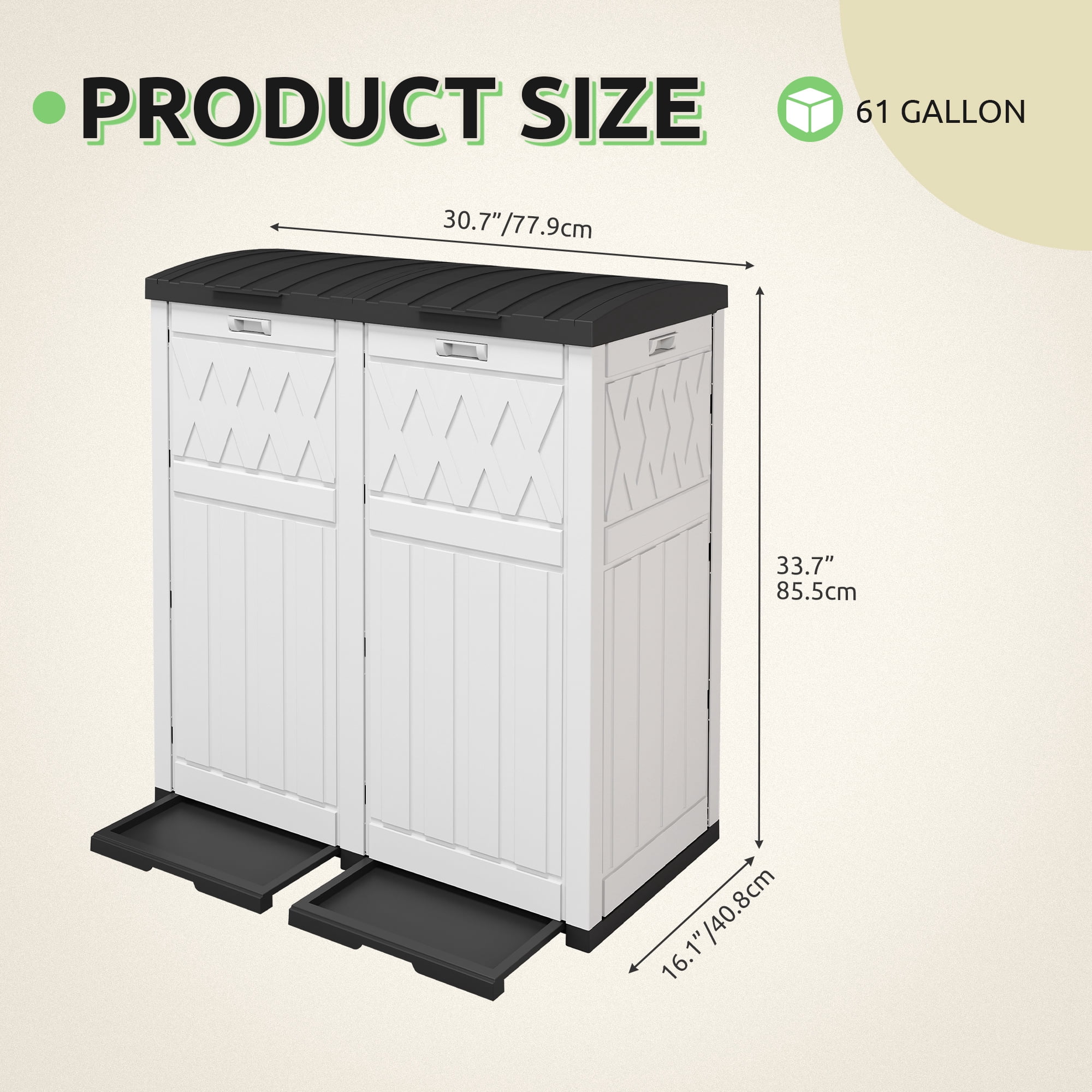 Uforic 62 Gallon Double Compartment Outdoor Trash Can, Waterproof Resin Garbage Bin with Tiered Lid and Drip Tray for Patio, Deck, Backyard, White