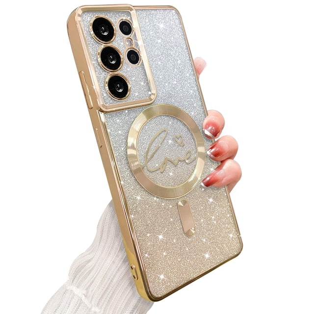Zonrw Para Samsung Galaxy S21 Ultra Funda Magnética Para Mujer Niña Suave Lindo Lujo Amor Corazón Chapado Bling Degradado Brillo Claro Funda Para Teléfono Compatible Con Magsafe Contraportada A Prueba
