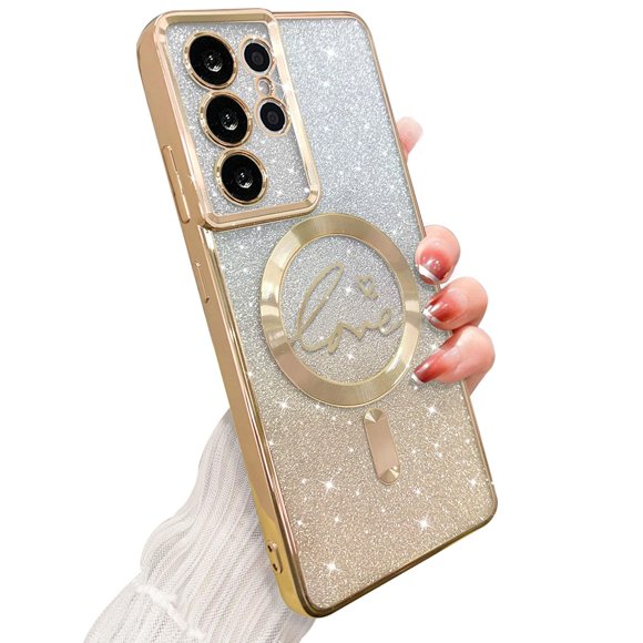 Zonrw Para Samsung Galaxy S21 Ultra Funda Magnética Para Mujer Niña Suave Lindo Lujo Amor Corazón Chapado Bling Degradado Brillo Claro Funda Para Teléfono Compatible Con Magsafe Contraportada A Prueba