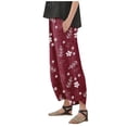 thumbnail image 1 of Gibobby pantalones de mezclilla para mujer Pantalones de pierna ancha con bolsillo en la cintura elástica de lino y algodón con estampado floral suelto informal para mujer (Vino, M), 1 of 5