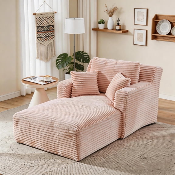 QuzyAor 65.4" Boneless Oversized Chaise Sofa Bed, Corduroy Lounge Chair with 3 Pillows, Deep Seat, Pink