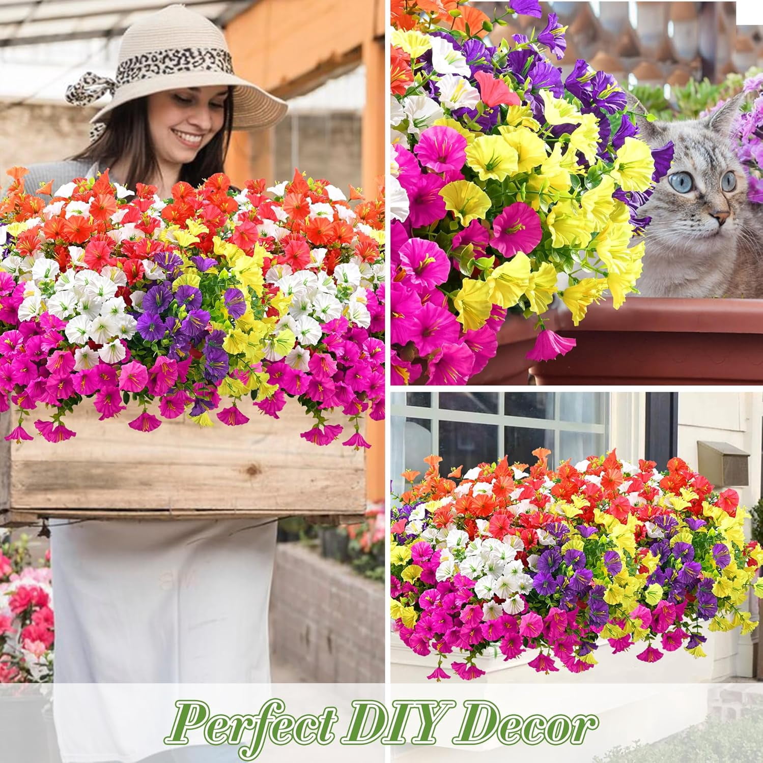 Artificial Flowers for Outdoors Fake Plants Outside Decoration, 12 Bundles Silk Colorful Morning Glory with Eucalyptus UV Resistant Realistic Faux Flowers for Planter Front Door Garden Yard