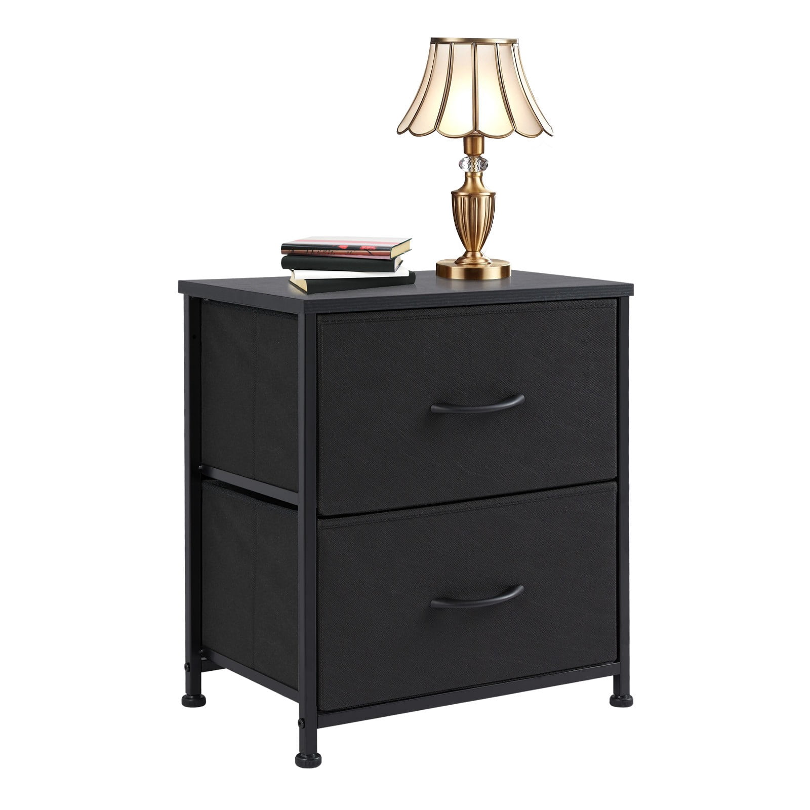 Telyra Fabric Nightstand with 2 Drawers 20" Bedside Table with Wood Top and Steel Frame Small Storage Organizer, Black