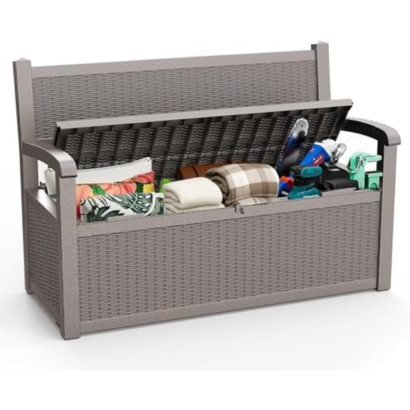 80 Gallon Storage Bench Deck Box Outdoor with Armrests,Storage Furniture Waterproof Lockable for Porch Patio and Garden (Grey)$$Home Decor, Kitchen, & Other