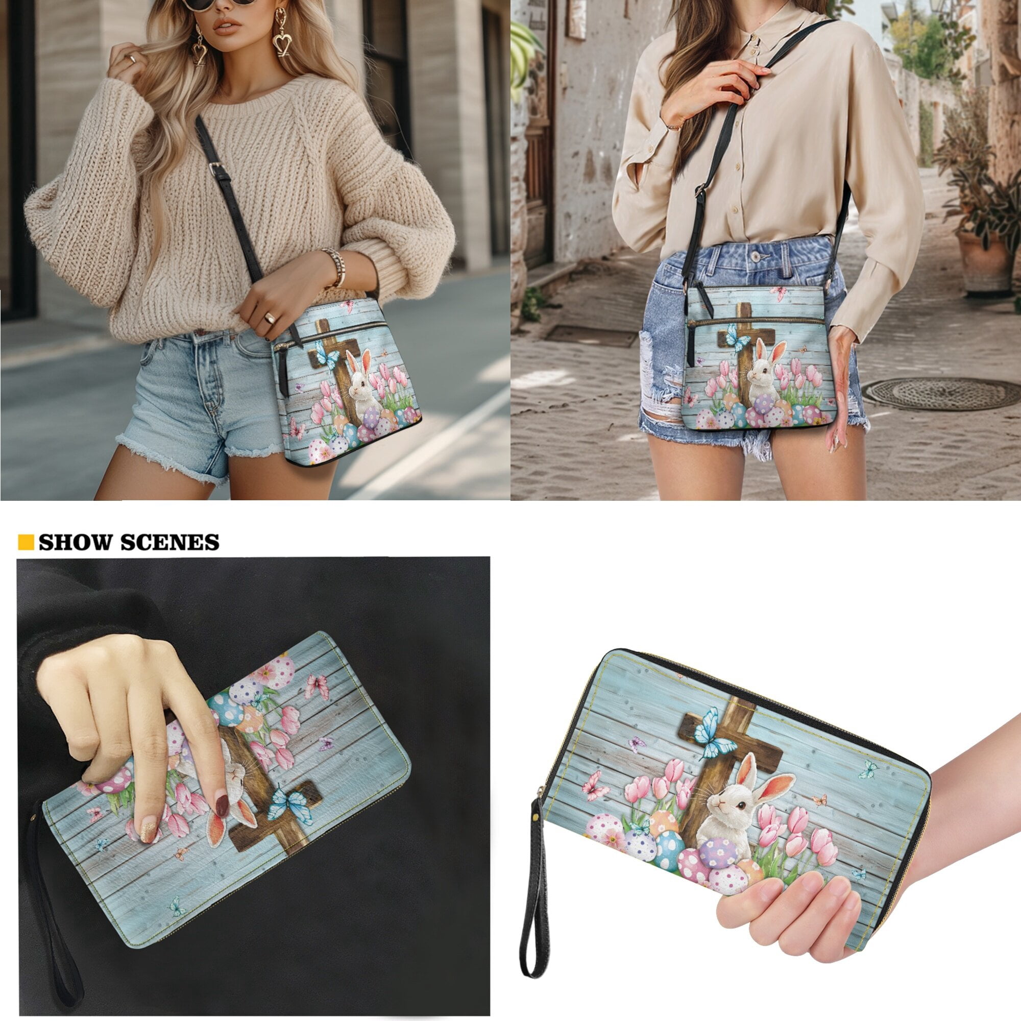 LedBack Rabbit Cross Print Leather Crossbody Purse Wallet Sets for Women PU Leather Tulip Satchel Purse Hobo Bag with Zipper Front and Back Pockets Zipper Purse and Handbag Set, Blue