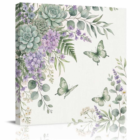 Framed Canvas Wall Art for Living Room Lavender Butterfly Wall Decor, Green Ferns Eucalyptus Leaves Aesthetic Paintings for Bedroom Office Kitchen, Ready to Hang Artwork Wall Pictures 8x8 Inch