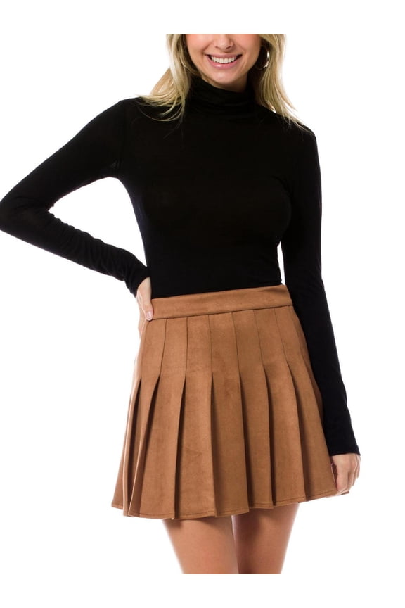 Women's Pleated Suede Mini Skater Skirt with Zipper Closure