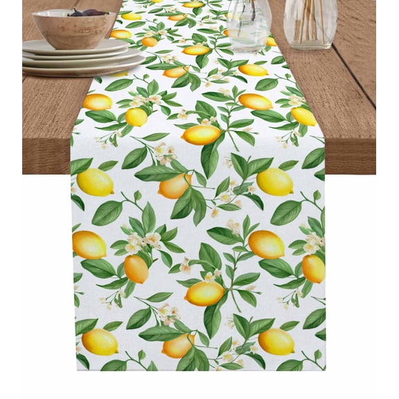 Ldtrchee Summer Lemon Table Runner 60 Inches, Green Botanical Watercolor Fruits Bed Runner Dresser Scarves Tabletop for Indoor Outdoor Parties/Ceremony/Banquet, 13" x 60"