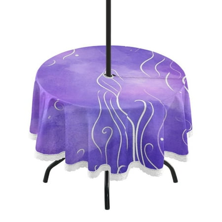 

60 Outdoor Round Tablecloth with Umbrella Hole & White Lace Trim Waterproof Patio Table Cover for Garden Kitchen Dining Purple Background with White Line