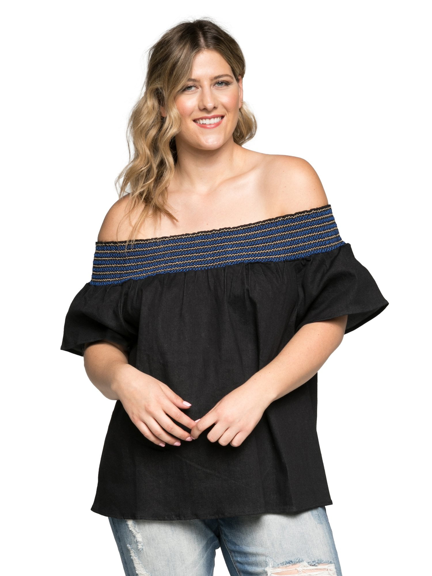 Xehar Xehar Women's Plus Size Sexy Off Shoulder Smocked Blouse Top