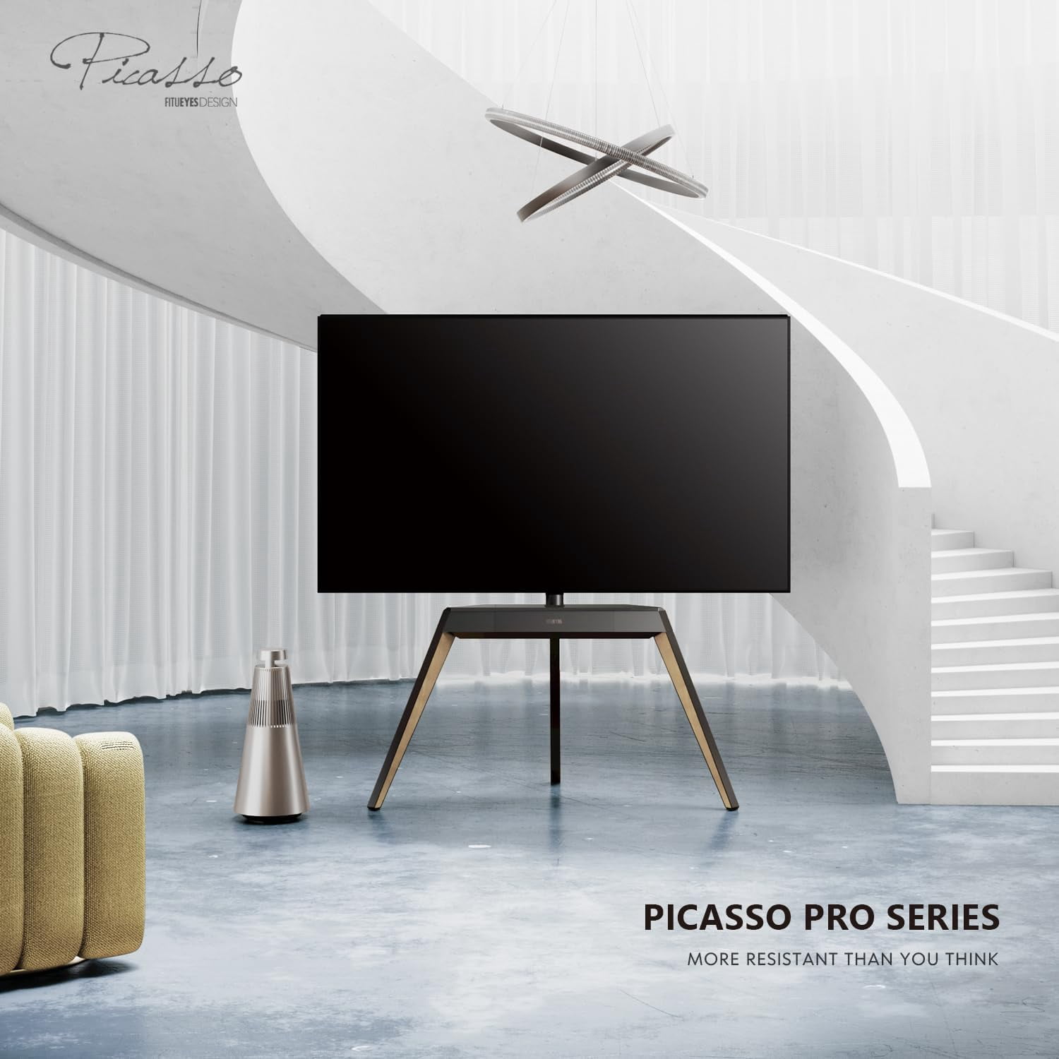 FITUEYES Picasso Series Corner TV Stand for 55–78 Inch TVs, Black & Light Wood, Cable Management