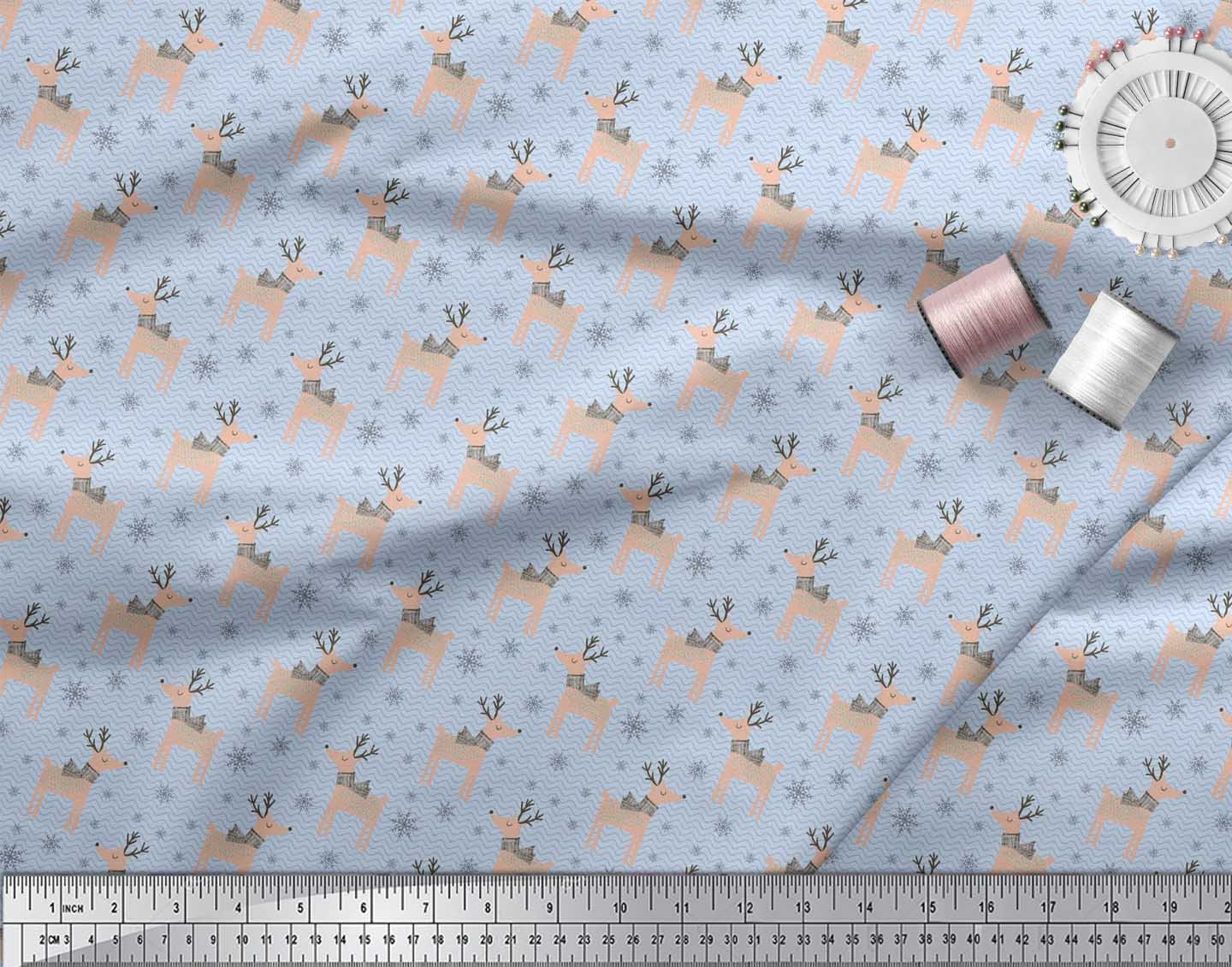 Soimoi Blue Cotton Voile Fabric Reindeer & Snowflake Christmas Fabric Prints By Yard 56 Inch Wide