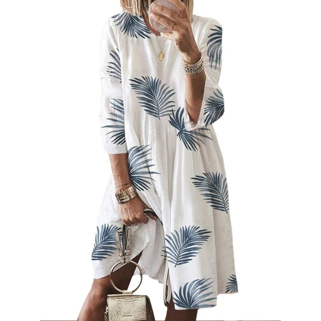 HIMONE Robes Bohèmes Décontractées Grandes pour Femmes Manches Longues Tunique Chemises Robe Col Rond Robe Ligne A Fête Travail Automne Robe Midi Grande Taille