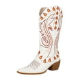thumbnail image 5 of Mid Calf Cowboy Boots for Women Fashion Flame Embroidery Chunky Stacked Heel Pointed Toe Pull on Western Country Concert Cowgirl Boots White 9, 5 of 5
