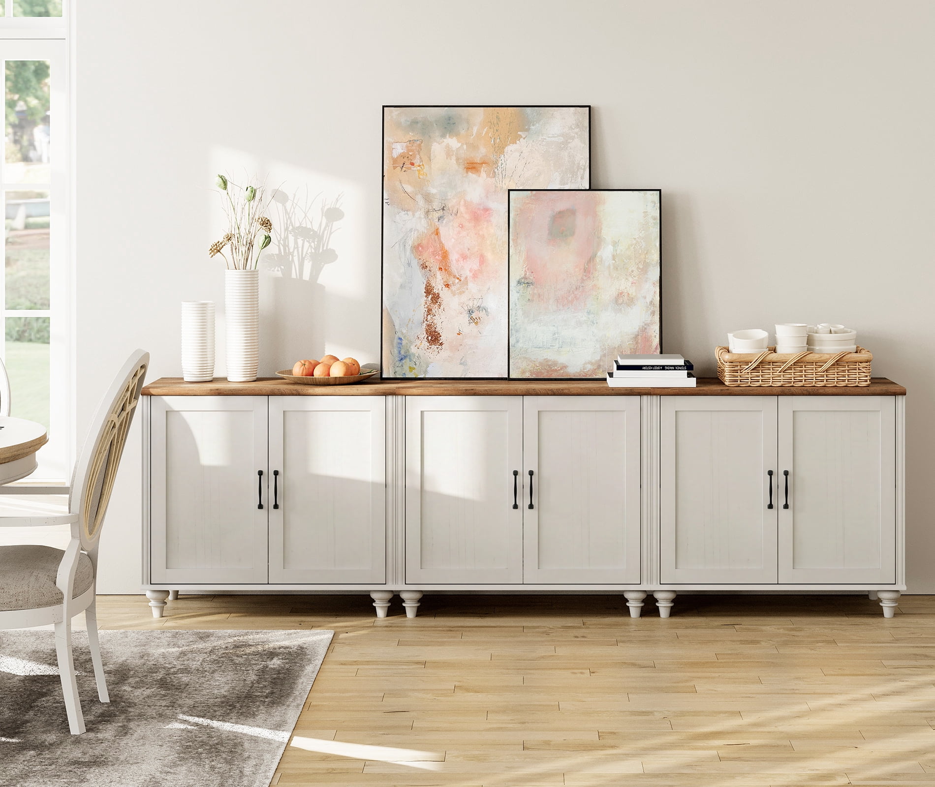 Modern Farmhouse Credenza, 101" White Storage Sideboard with Wood Doors