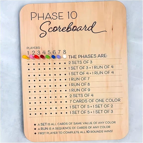 BESTSKY Scoreboard, Wooden Phase 10 Score Board and Round Tracker, Wood Phase 10 Score Board, Phase 10 Score Sheets, Classic Board Card Game | 0.2" Style