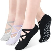 3 Pack Yoga Socks for Women with Grips Non Slip Sticky Sock for Pilates | Pure Barre | Hospital | Walking | Dance | Indoor