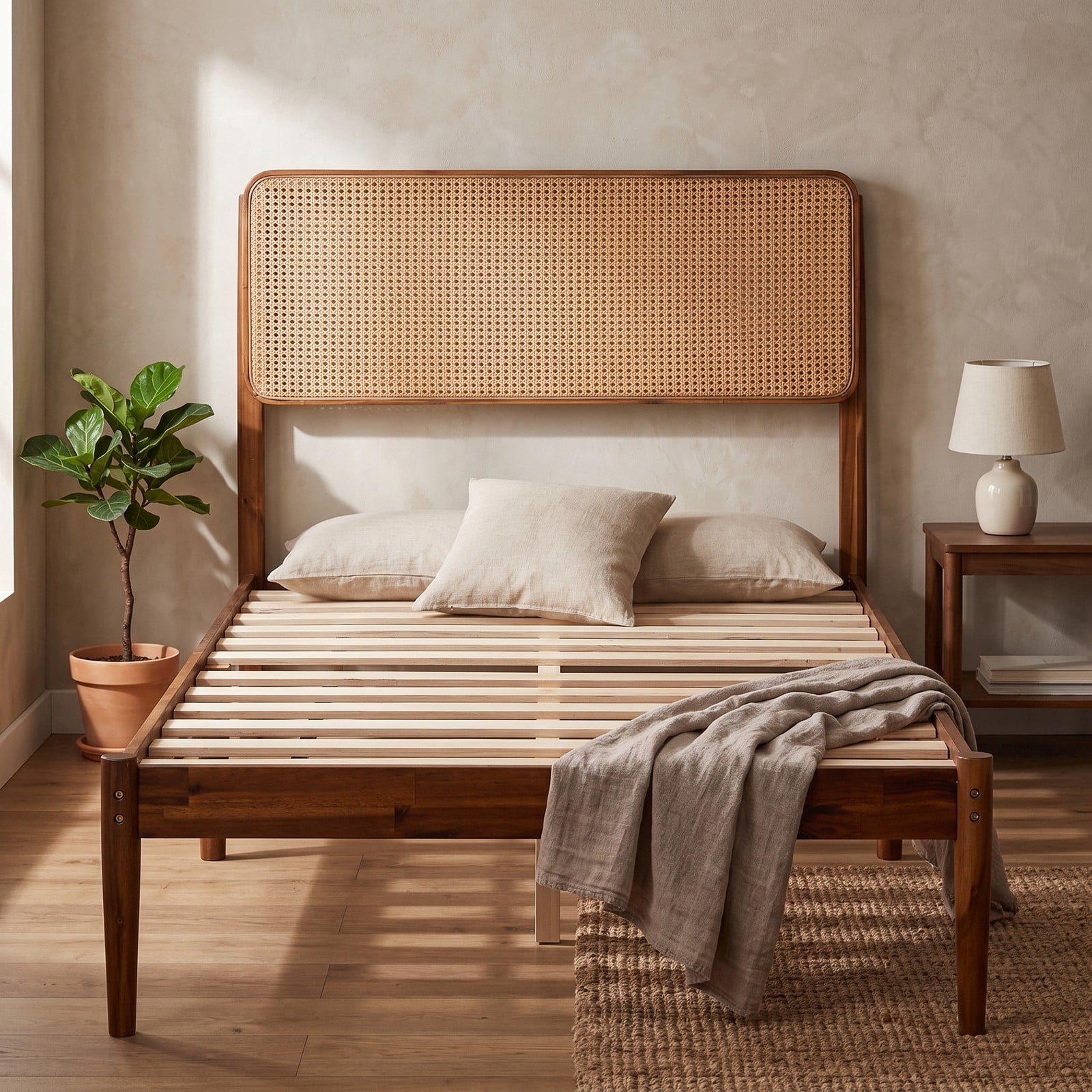Furnibear Twin Bed Frame with Storage, Boho Rattan Wood Platform Bed with Acacia Wood Slat Support and Woven Headboard, No Box Spring Needed, Brown