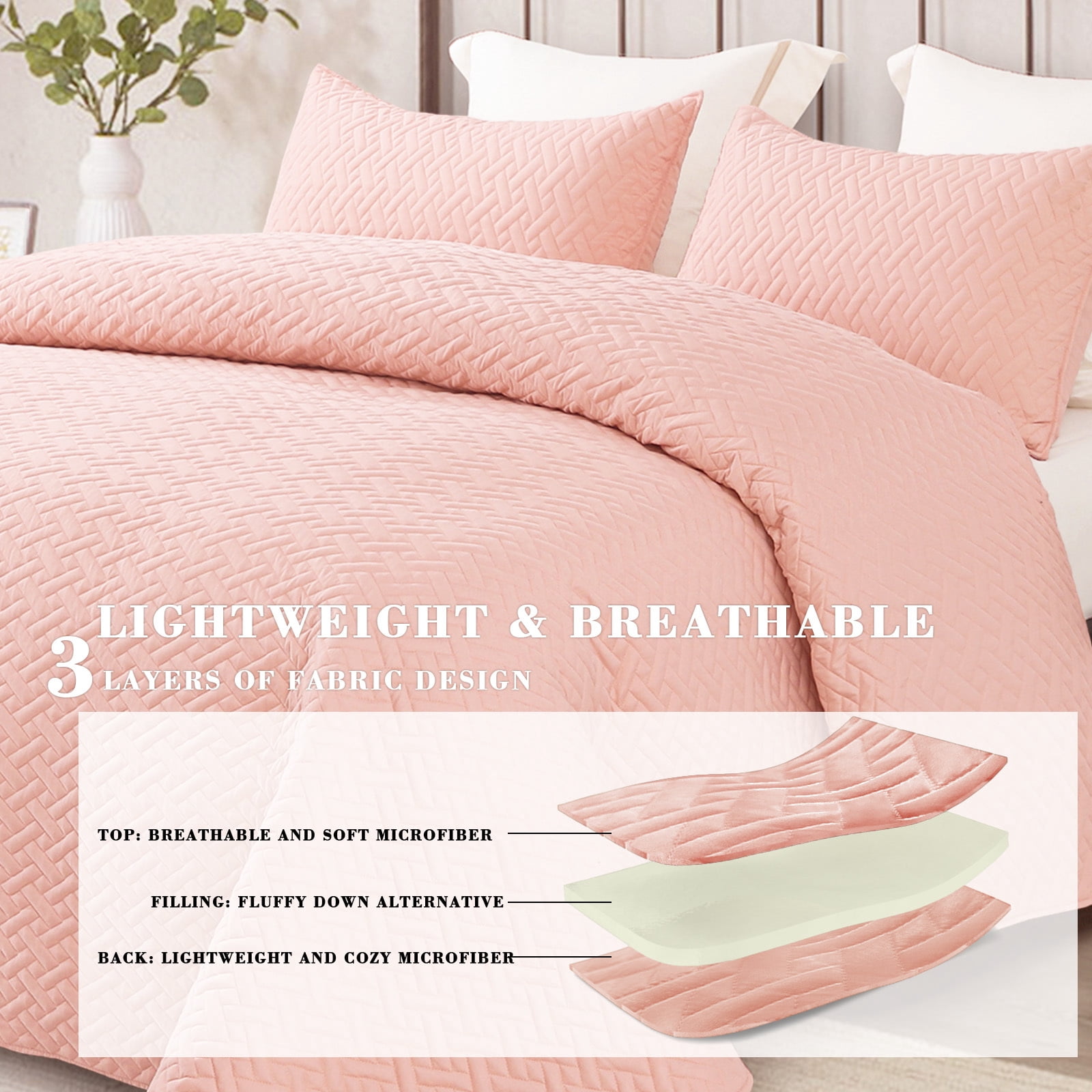 Exclusivo Mezcla 3-Piece King Size Quilt Set, Basket Quilted Bedspread/Coverlet/Bed Cover(96"x 104", Blush Pink)