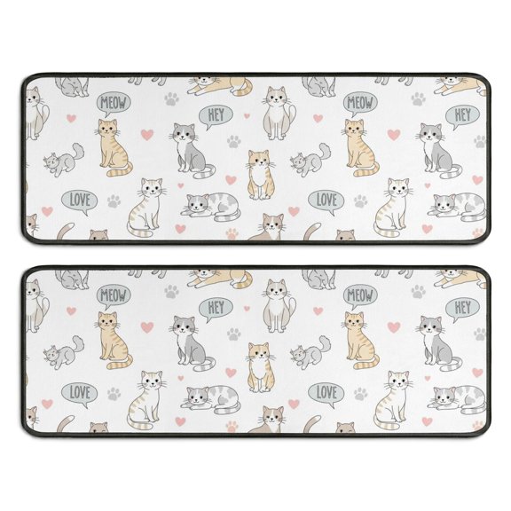 Multicolor Cat and Heart White Anti Fatigue Kitchen Rugs Set Of 2, Non Slip Washable Decorative Floor Mats for Sink Laundry and Home Use, 17"x47"