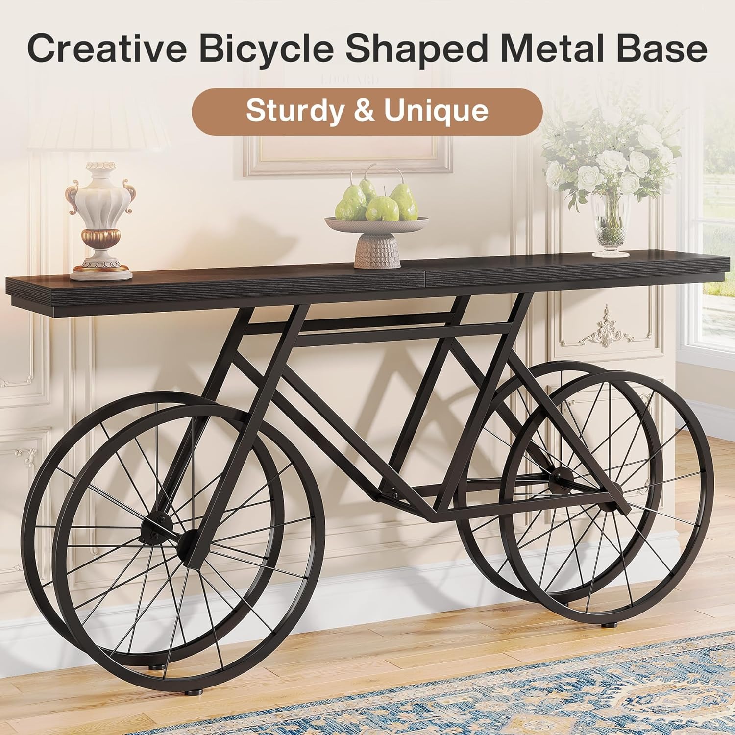 70.9-Inch Extra Long Console Table, Narrow Sofa Table With Bicycle Metal Base, Modern Industrial Entryway Table, Sturdy MDF Top Behind Couch Table For Living Room, Hallway, Foyer