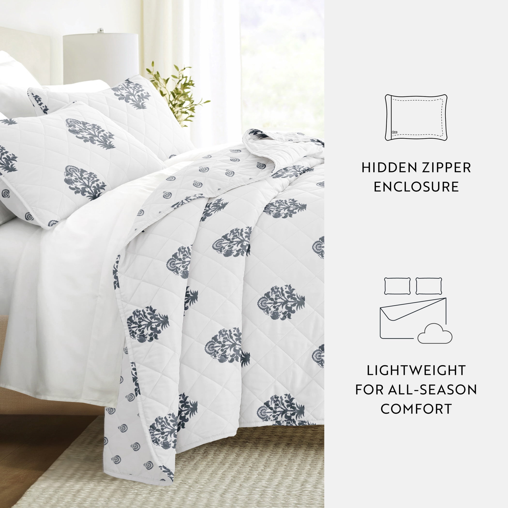 Noble Linens 3-Piece Dusk Blue Stamped Bloom Reversible Quilt Set, King