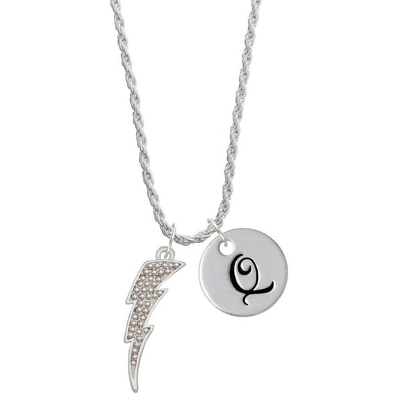 Delight Jewelry Silvertone Large Clear AB Crystal Lightning Bolt Silvertone Script Initial Disc - Q - Charm Necklace, 20"+3"