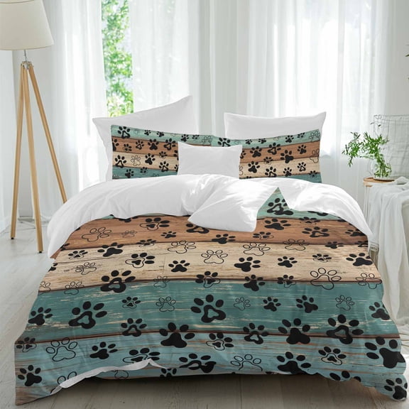 Dog Claws Duvet Cover Set Full Size, Teal Brown Wood Grain 4 Piece Soft Microfiber Bedding Set with 1 Duvet Cover, 1 Flat Sheet, 2 Pillowcases