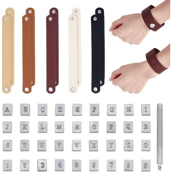 36pcs Leather Stamping Tools Letter Number Stamping Punches 13x10mm Leathercraft Metal Stamp with 10pcs 5 Colors Snap Bracelets Blank Bracelet Making Kits for DIY Craft Jewelry Making diy Mixed Color