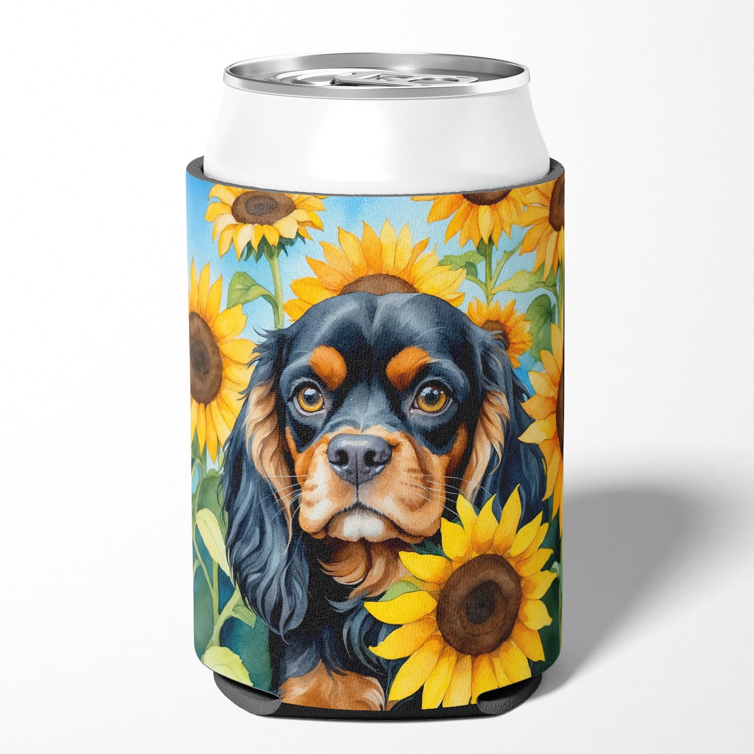 Cavalier Spaniel in Sunflowers Can or Bottle Hugger 3 in x 5 in