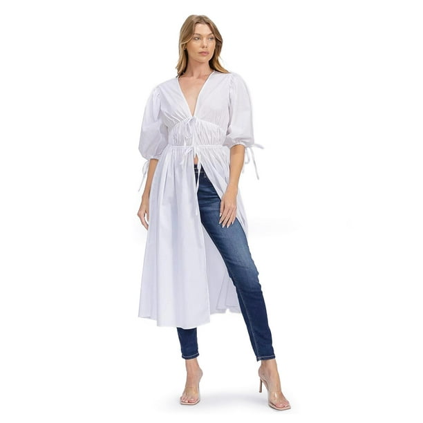 Blusa larga con abertura Roman Fashion /Juvenil, 6564 (Blanco) blanco G
