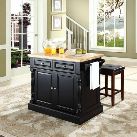 Crosley Furniture Butcher Block Top Kitchen Island with 24" Upholstered Square Seat Stools