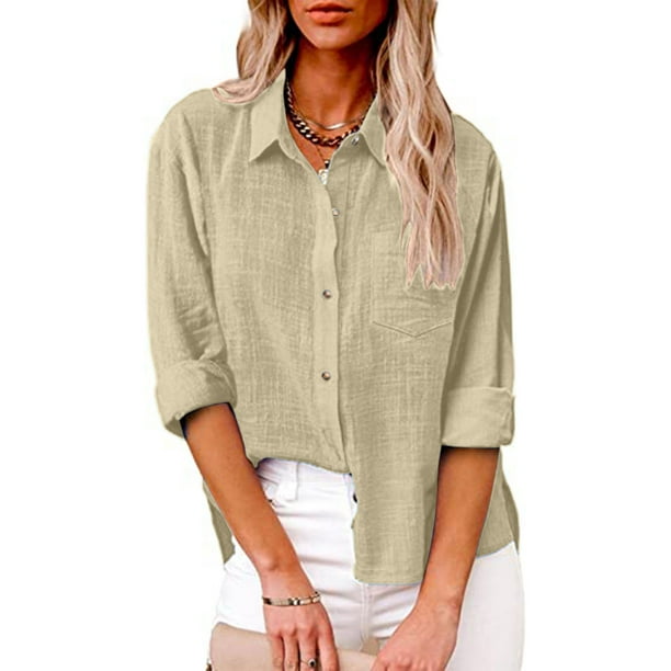Women's Shirt Cotton Linen Short Sleeve Plain Lapel Button Down Shirt ...