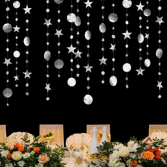 52ft Silver Circle Dot Star Garland HADEEONG 4pcs Party Garland Star Streamer Reflective Glitter Star Paper Hanging Garland Birthday Party Celebration Decorations
