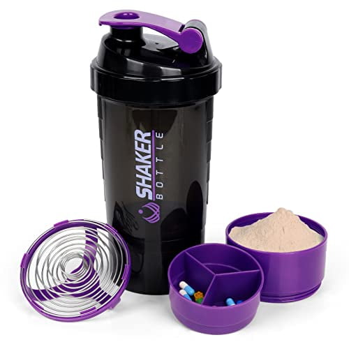 XTKS Botella Coctelera - Taza Coctelera de Proteínas con Compartimentos de Almacenamiento - Botellas de Batido de Entrenamiento a Prueba de Fugas con Mezclador para una Mezcla Suave - 500ML/16oz (PÚRP