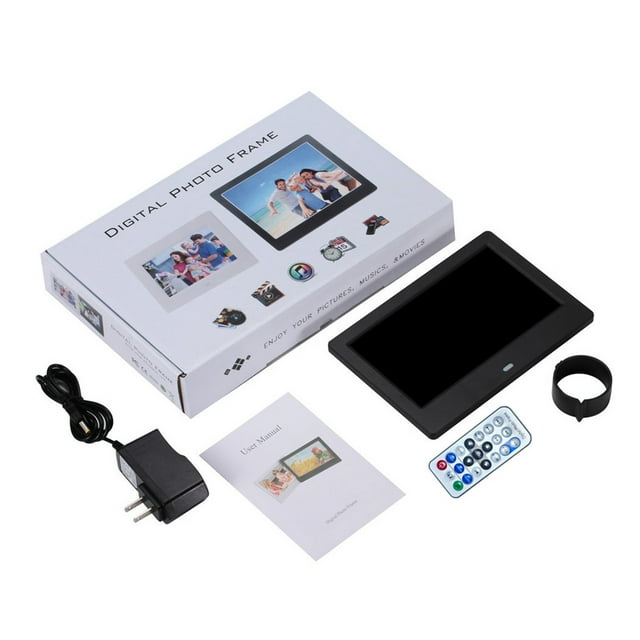Cadre Photo Numérique LED 7 Pouces avec Résolution 1024x600, Écran 16:9, Prend en Charge la Lecture de Vidéo/image/musique 1080P, Fonctions Horloge/calendrier/alarme, Carte SD Max 32 Go & USB, Audio Stéréo, Plastique ABS