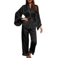 thumbnail image 1 of Liacowi Women 2 Piece Satin Pajamas Sets Long Sleeve Belted Robe Tops Pants Casual Sleepwear Loungewear, 1 of 3